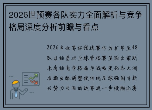 2026世预赛各队实力全面解析与竞争格局深度分析前瞻与看点